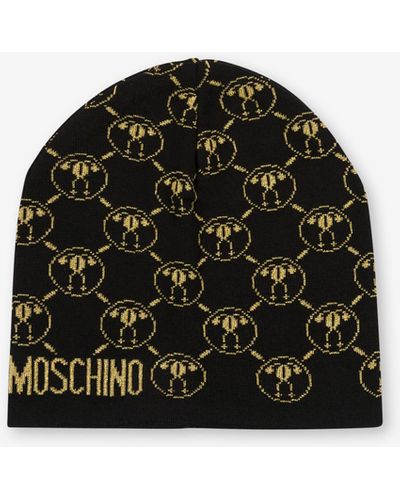 Moschino Knit Hat With All-over Double Question Mark Detail - Black