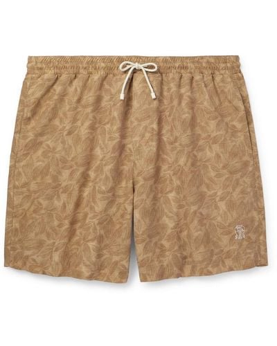 Brunello Cucinelli Straight-leg Mid-length Logo-embroidered Printed Swim Shorts - Natural