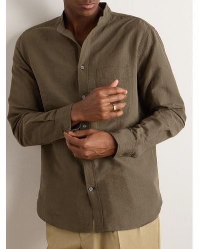MR P. Grandad-collar Organic Cotton And Linen-blend Seersucker Shirt - Green