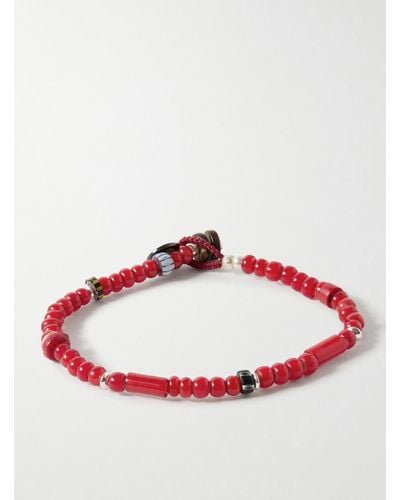 Mikia White Hearts Silver And Enamel Beaded Bracelet - Red