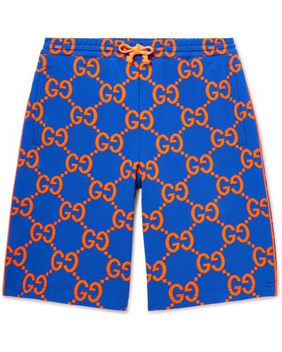 Gucci Monogram-print Striped-trim Stretch-woven Blend Shorts - Blue