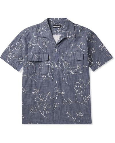 Monitaly 50's Milano Camp-collar Embroidered Cotton Shirt - Blue