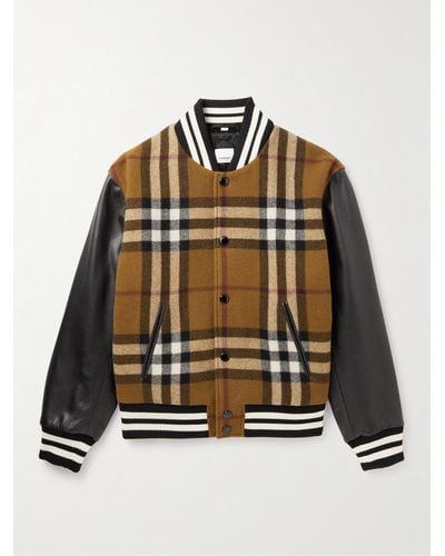 Burberry Checked Wool-blend And Full-grain Leather Varsity Jacket - Brown
