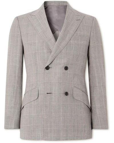 Kingsman Slim-fit Double-breasted Checked Linen And Wool-blend Suit Jacket - Gray