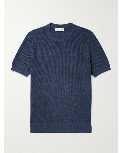 Brunello Cucinelli T-shirt in misto lino e cotone a coste - Blu