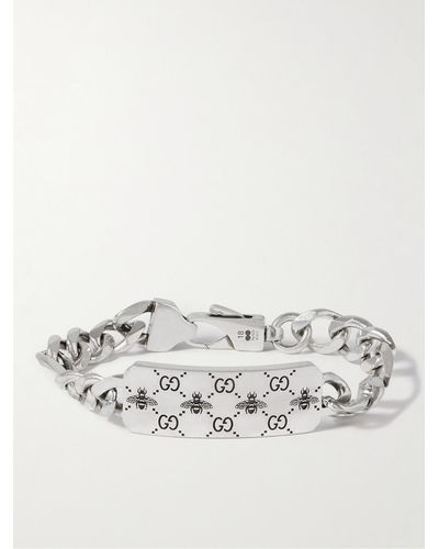 Gucci GG And Bee Engraved Silver Id Bracelet - Metallic