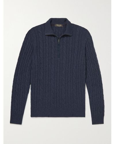 Loro Piana Suede-trimmed Cable-knit Baby Cashmere Half-zip Sweater - Blue
