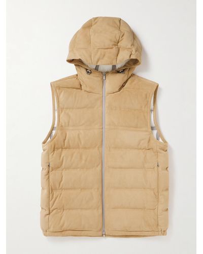 Brunello Cucinelli Quilted Suede Hooded Down Gilet - Natural