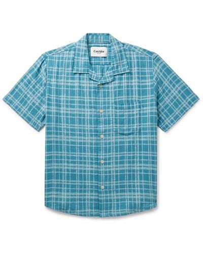 Corridor NYC Camp-collar Checked Cotton And Linen-blend Shirt - Blue