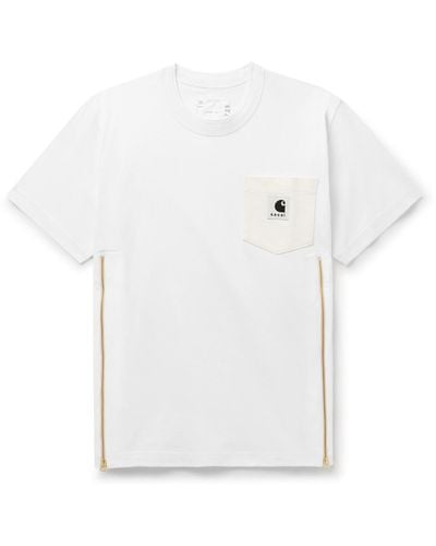 Sacai Carhartt Wip Zip-detailed Logo-appliquéd Canvas-trimmed Cotton-jersey T-shirt - White