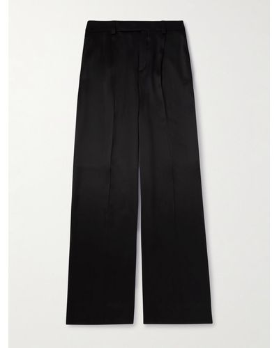 Saint Laurent Pantaloni a gamba larga in raso di seta con pinces - Nero