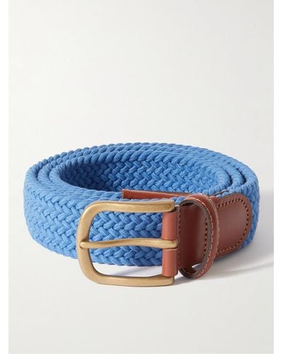 Anderson & Sheppard 3.5cm Leather-trimmed Woven Stretch-cotton Belt - Blue