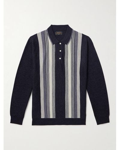 Beams Plus Pullover aus Wolle mit Polokragen und Streifen - Blau