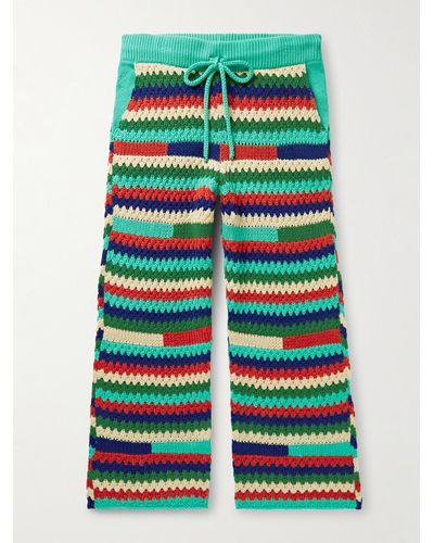 The Elder Statesman Straight-leg Striped Crochet-knit Cashmere Drawstring Trousers - Blue