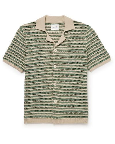 NN07 Henry 6636 Camp-collar Striped Crocheted Organic Cotton Shirt - Green