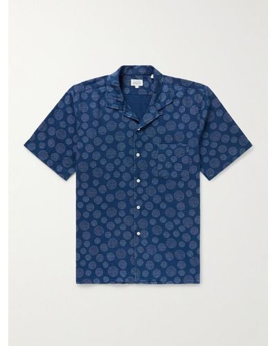 Hartford Palm Mc Pat Convertible-collar Printed Cotton-seersucker Shirt - Blue