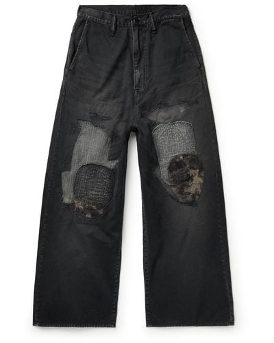 Kapital Katsuragi Port Wide-leg Patchwork Distressed Cotton-twill Pants - Black