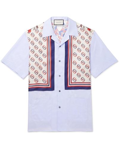 Gucci Lion And Gg Print Cotton And Silk Panel Shirt - Blue