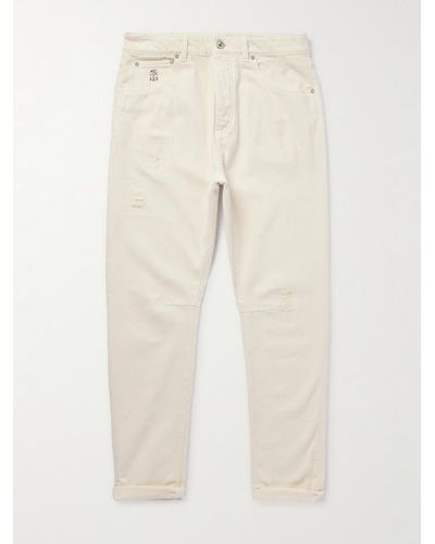 Brunello Cucinelli Straight-leg Logo-embroidered Distressed Jeans - Natural