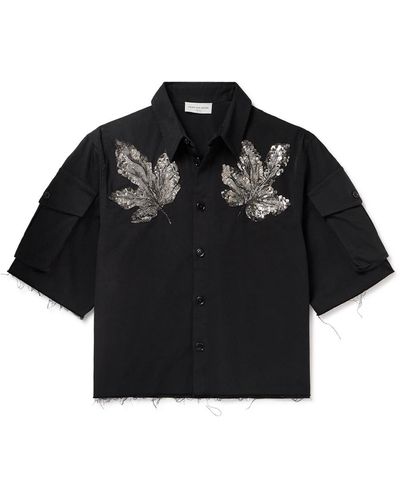 Dries Van Noten Embellished Cropped Frayed Cotton-gabardine Shirt - Black
