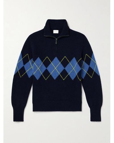 Kingsman Pullover in lana jacquard con mezza zip Argylle - Blu