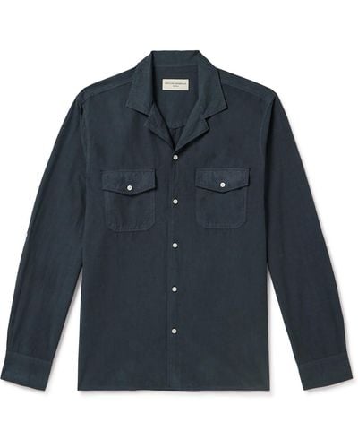 Officine Generale Eric Camp-collar Garment-dyed Lyocell And Cotton-blend Shirt - Blue
