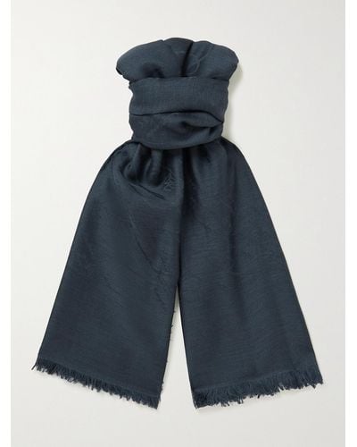 Berluti Fringed Wool And Mulberry Silk-blend Jacquard Scarf - Blue