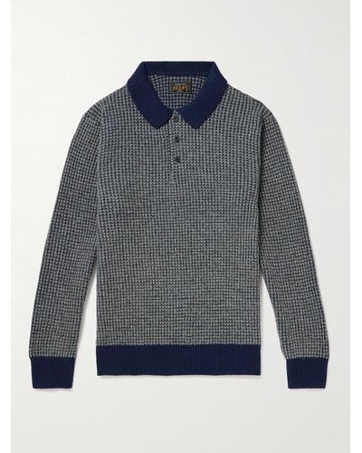 Beams Plus Pullover aus Wolle in Waffelstrick mit Polokragen - Blau