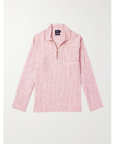 Drake's Striped Linen Half-placket Shirt - Pink