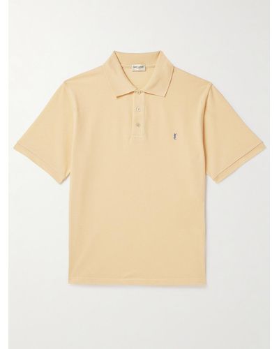 Saint Laurent Logo-embroidered Cotton-blend Piqué Polo Shirt - Natural