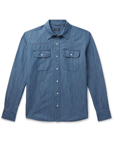 Zegna Stonewashed Cotton And Linen-blend Chambray Shirt - Blue