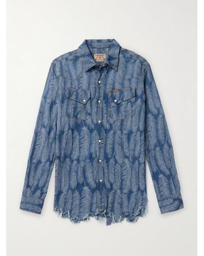 Kapital Magpie Distressed Denim-jacquard Western Shirt - Blue