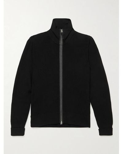 Tom Ford Slim-fit Leather-trimmed Wool Zip-up Cardigan - Black