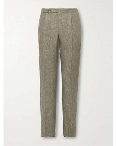 De Petrillo Straight-leg Pleated Herringbone Linen Suit Trousers - Natural