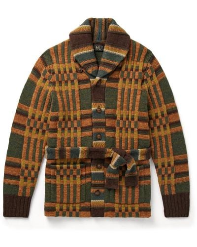 RRL Ranch Shawl-collar Belted Check Wool Cardigan - Brown