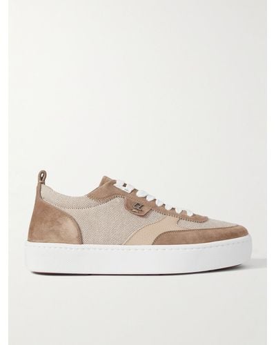 Christian Louboutin Happyrui Spiked Leather-trimmed Canvas And Suede Trainers - Natural