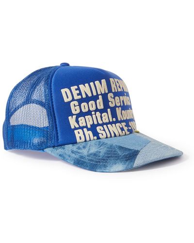 Kapital Printed Canvas, Patchwork Denim And Mesh Trucker Cap - Blue