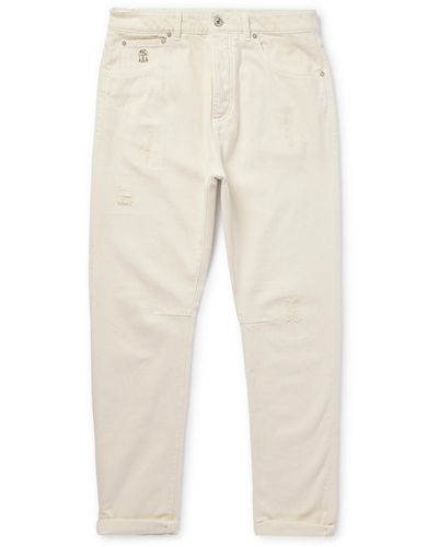 Brunello Cucinelli Straight-leg Logo-embroidered Distressed Jeans - Natural