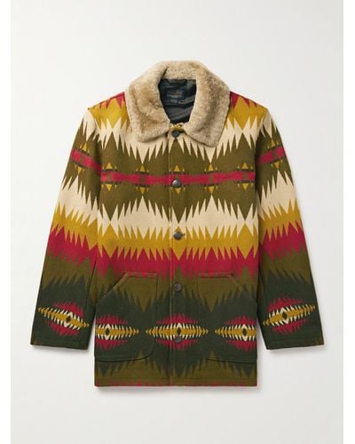 Pendleton Cappotto in misto lana e cotone jacquard con finiture in tessuto sherpa Brownsville - Verde