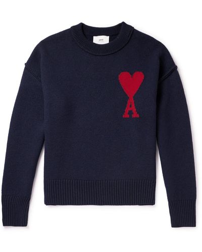 Ami Paris Adc Logo-intarsia Wool Sweater - Blue
