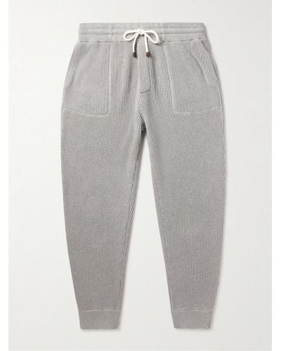 Brunello Cucinelli Tapered Ribbed Cotton Sweatpants - Grey