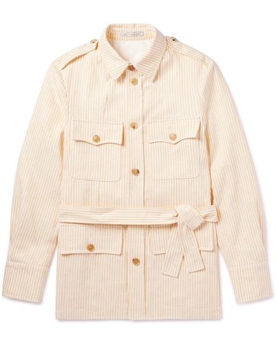 Umit Benan Belted Striped Cotton And Linen-blend Twill Jacket - Natural