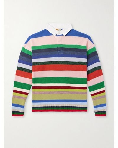 SAINT Mxxxxxx Lastman Cotton Poplin-trimmed Striped Knitted Polo Shirt - Blue