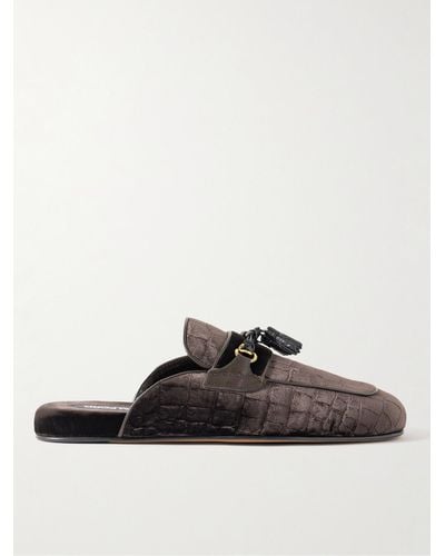 Tom Ford Stephen Tasselled Leather-trimmed Croc-effect Velvet Slippers - Brown