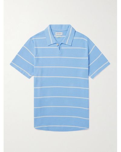 Oliver Spencer Hawthorn Striped Waffle-knit Stretch-cotton And Modal-blend Polo Shirt - Blue