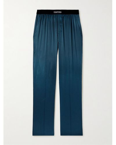 Tom Ford Pantaloni da pigiama in raso di seta stretch con finiture in velluto - Blu