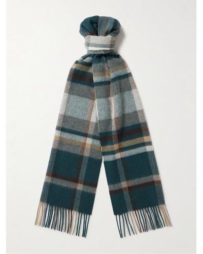 Johnstons of Elgin Fringed Checked Cashmere Scarf - Blue