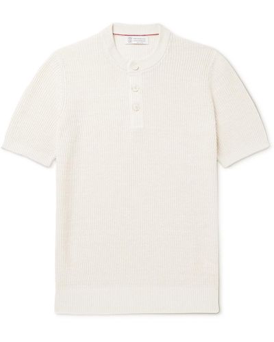 Brunello Cucinelli Ribbed Linen And Cotton-blend Henley T-shirt - White