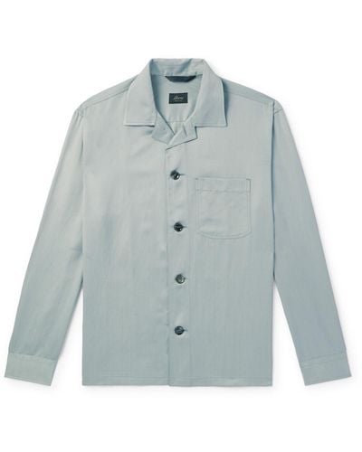 Brioni Camp-collar Silk And Linen-blend Twill Overshirt - Blue