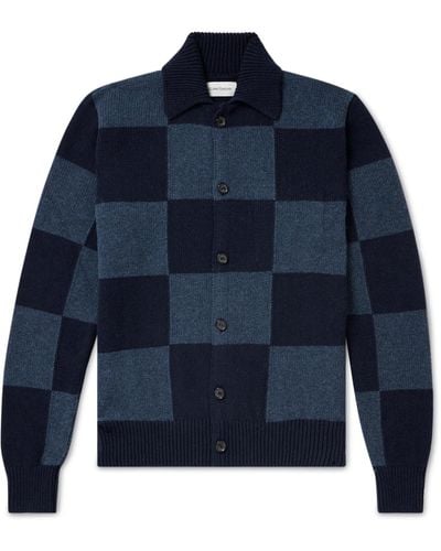 Oliver Spencer Britten Checked Ribbed Wool-jacquard Cardigan - Blue